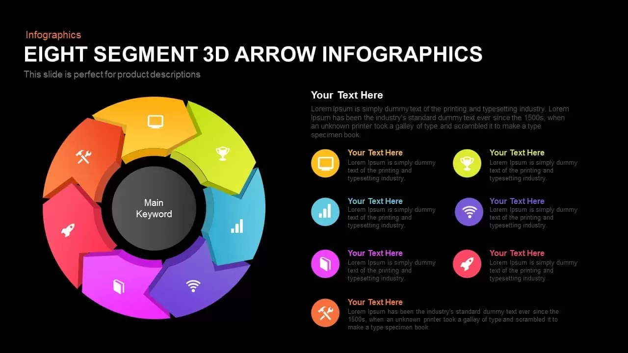 Eight Segment 3D Arrow Infographics Powerpoint and Keynote template