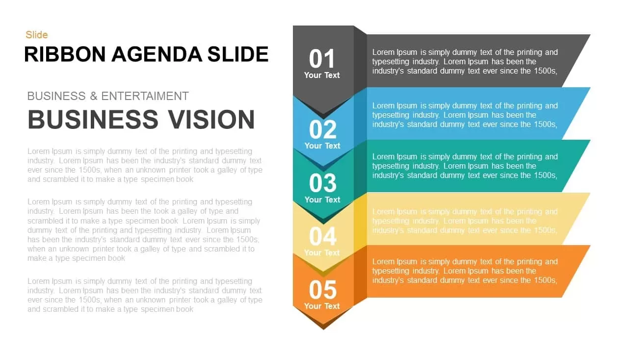 5 items ribbon agenda slide template for PowerPoint and Keynote