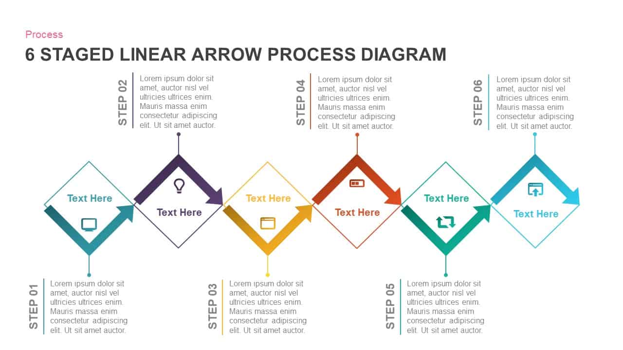 6 staged linear process diagram arrow PowerPoint template