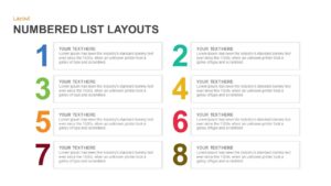 Numbered list layout template slide for PowerPoint with colorful numbers and text boxes, ideal for organizing key points in a structured format