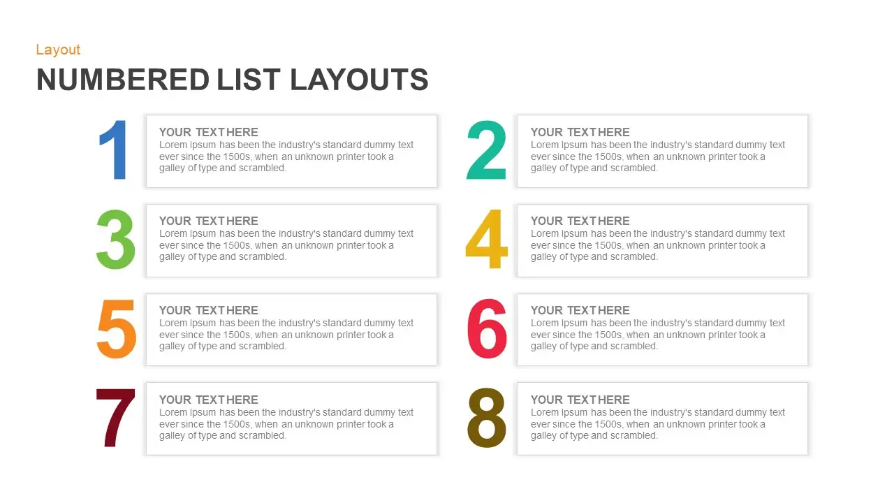 Numbered list layout template slide for PowerPoint with colorful numbers and text boxes, ideal for organizing key points in a structured format