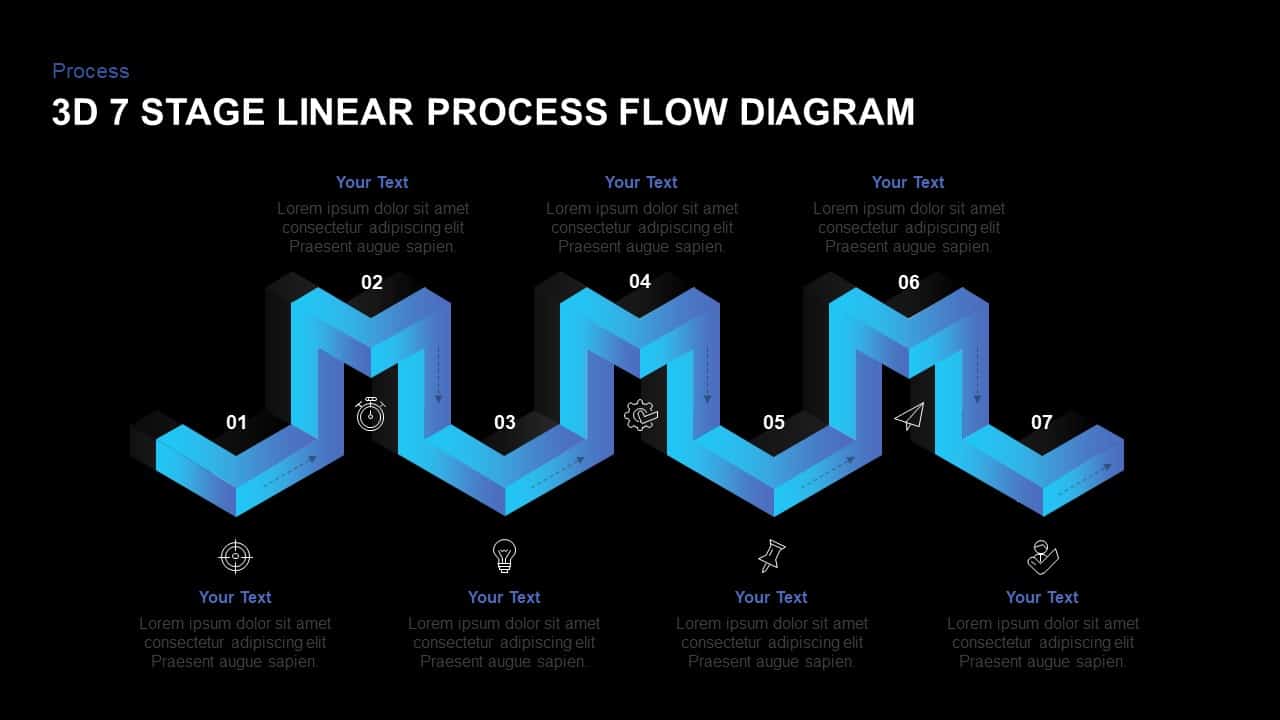 Linear 3d process flow diagram PowerPoint template