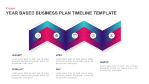 Year-based business plan timeline template slide for PowerPoint, featuring a zigzag design with monthly milestones from January to May, each with icons and description areas for detailing goals.