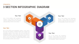 3-section infographic diagram slide for PowerPoint, featuring three connected blocks with icons for visualizing segmented information.