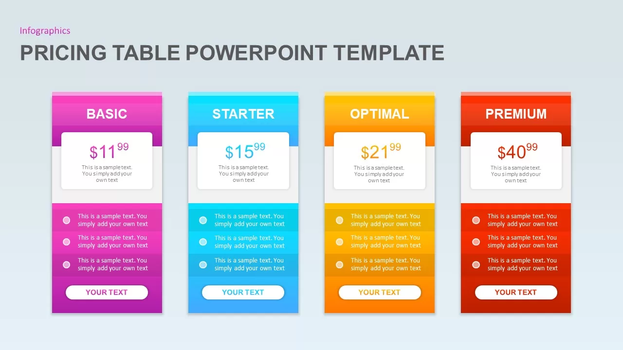 Pricing table design template slide for PowerPoint with colorful columns for Basic, Starter, Optimal, and Premium plans, each showing pricing, features, and a call-to-action button.