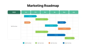 Marketing roadmap slide for PowerPoint, displaying a timeline from January to June with color-coded tasks and milestones for strategic planning.