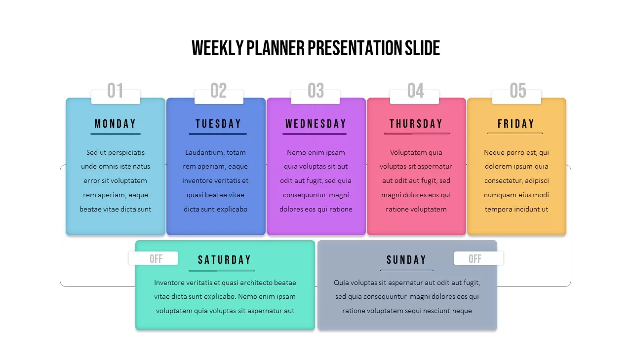 Weekly planner presentation template slide for PowerPoint, featuring colorful daily sections from Monday to Sunday with placeholders for tasks and notes.