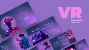 Virtual Reality PowerPoint presentation template cover image featuring vibrant purple and pink slides with VR-themed visuals and text sections, ideal for immersive technology presentations.