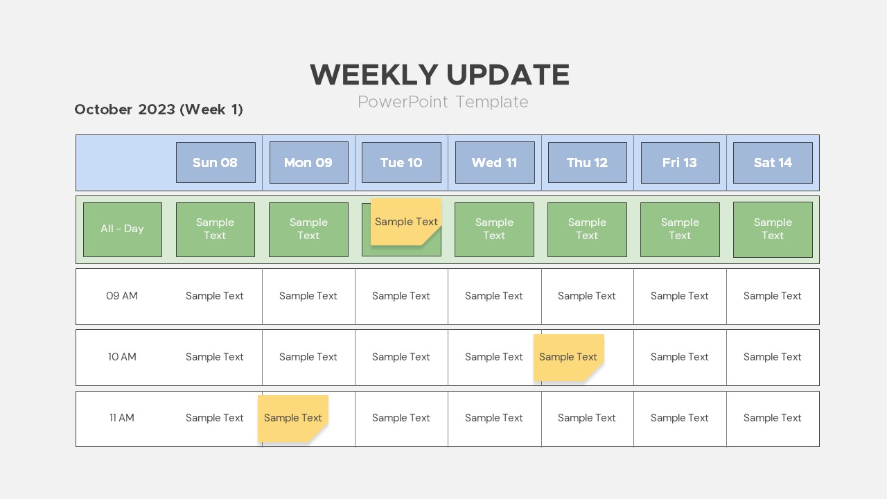 Weekly update PowerPoint slide template with a calendar layout, showing daily schedules from Sunday to Saturday, with time slots and space for notes.