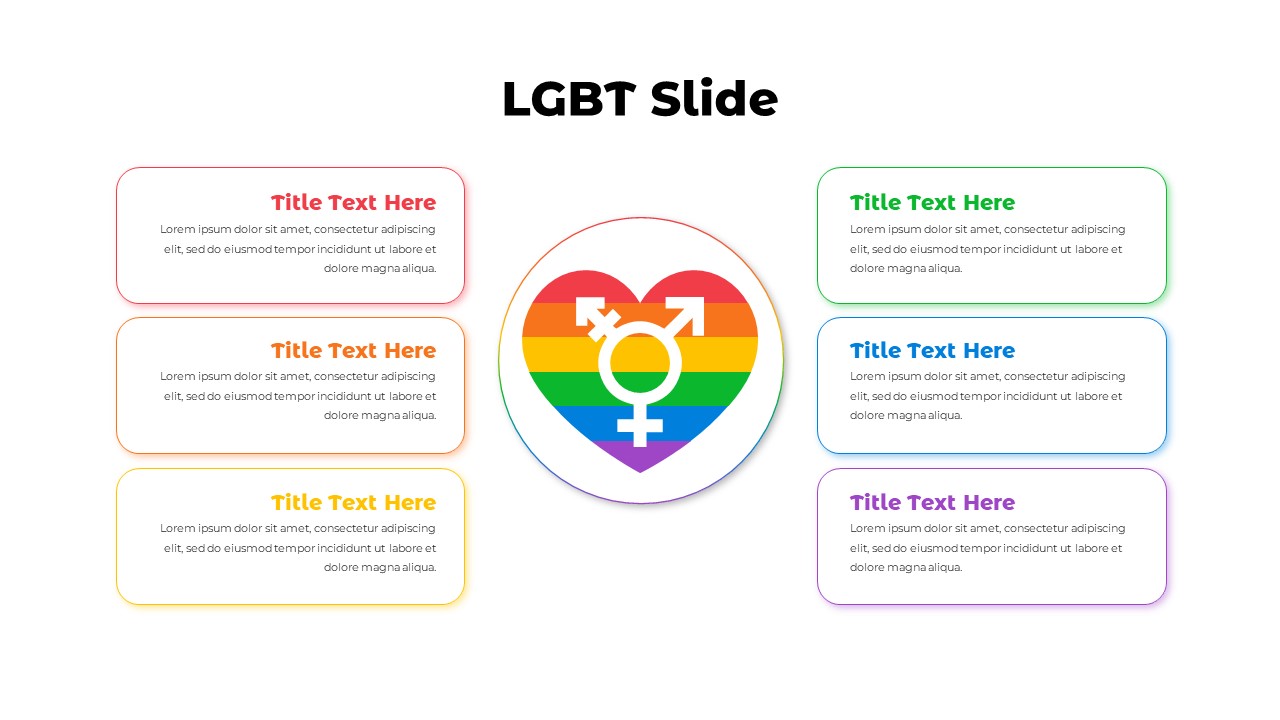 LGBT PowerPoint template slide featuring a heart with a rainbow flag and gender symbol in the center, surrounded by colorful text boxes for information.