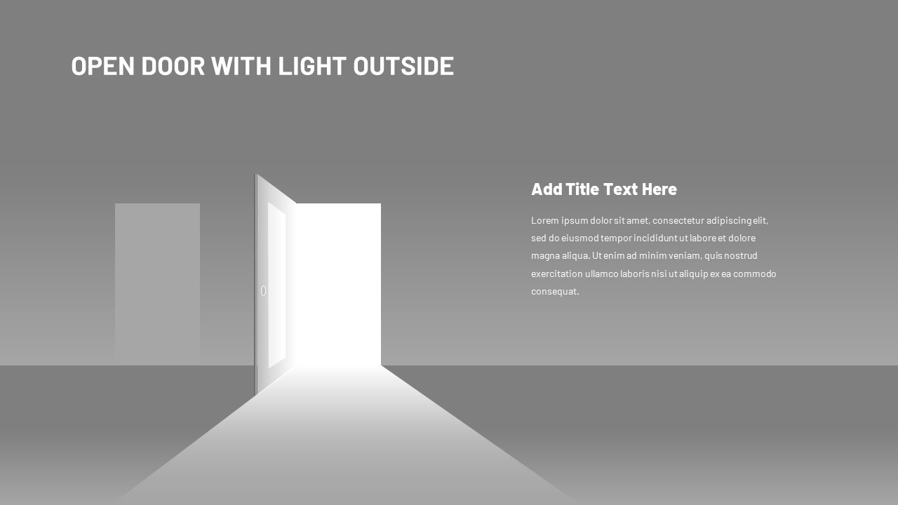 Open Door with Light Outside template slide for PowerPoint, featuring a minimalist design with an open door casting light into a dark room, symbolizing new opportunities.