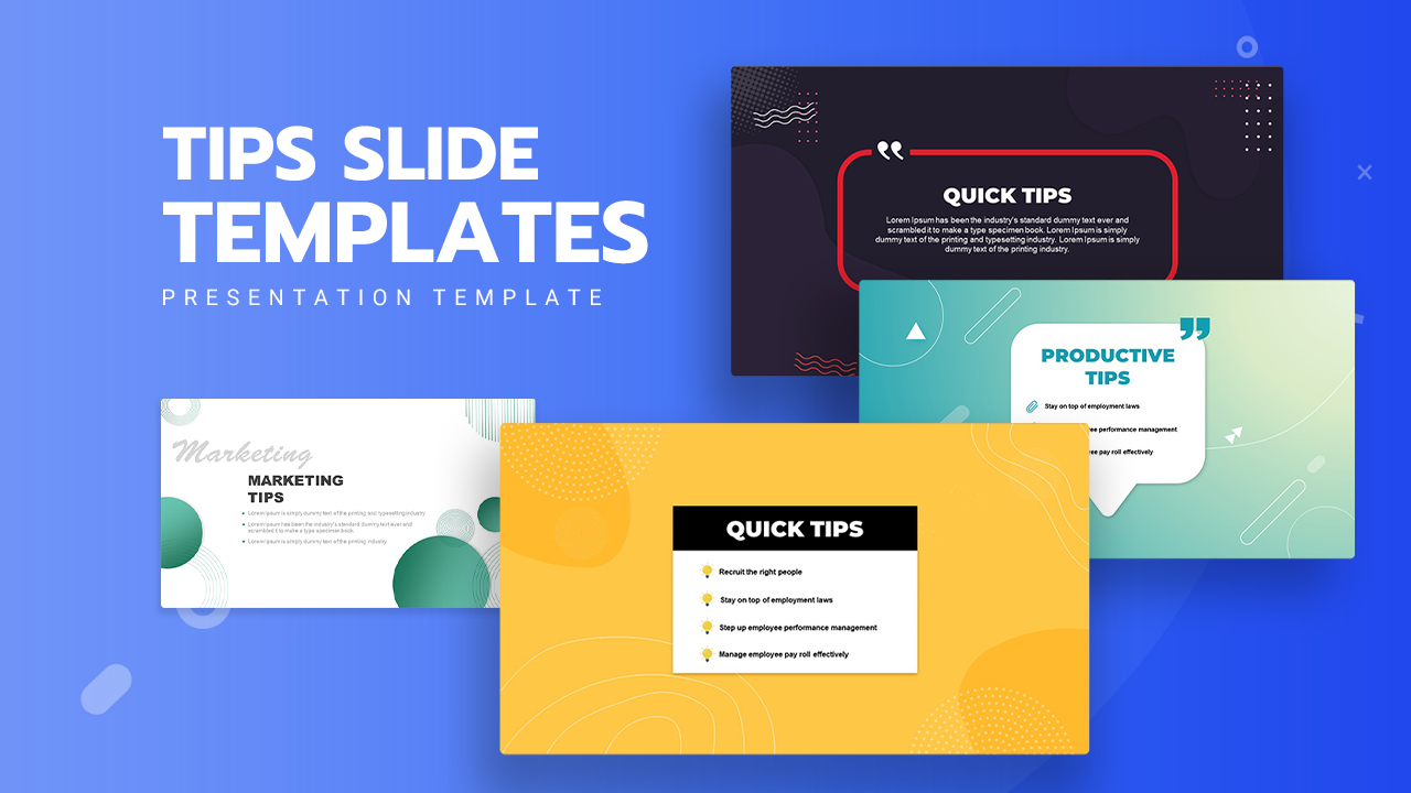 Tips slides PowerPoint template cover image featuring various colorful layouts for presenting quick tips, marketing tips, and productivity tips in a visually engaging format.