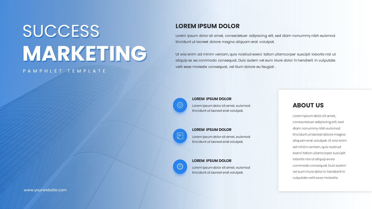 Success Marketing Pamphlet Template for PowerPoint: A sleek design for showcasing marketing strategies, featuring an 'About Us' section, key points, and modern visuals.