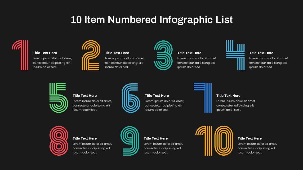 10 Item Numbered Infographic List Template PowerPoint Dark