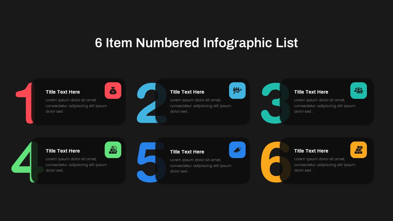 6 Item Numbered Infographic List Template PowerPoint Dark