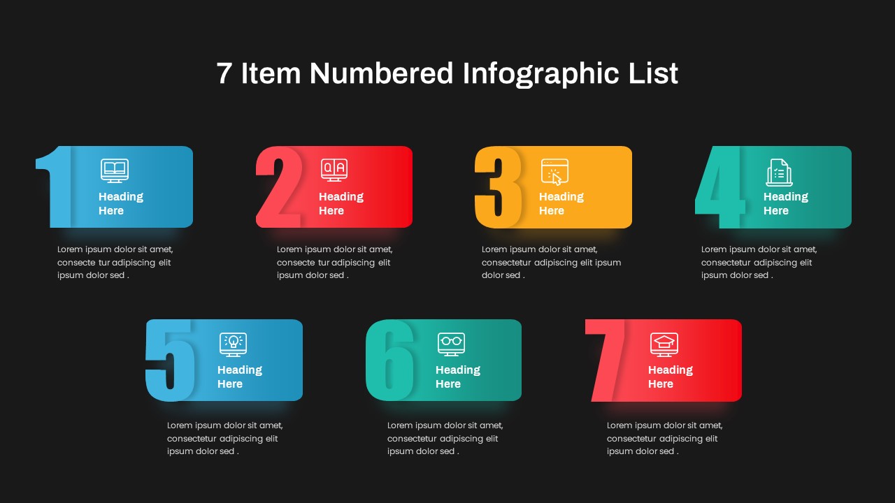 7 Item Numbered Infographic List Template PowerPoint Dark