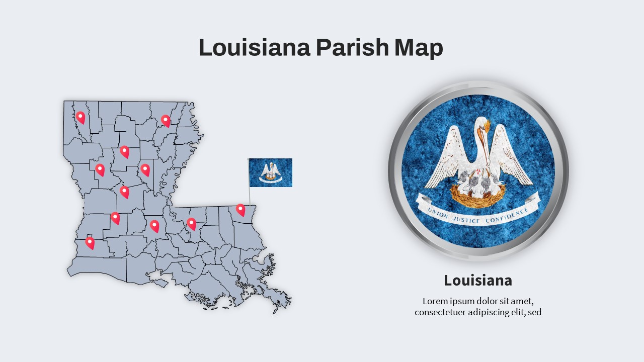 Louisiana Parish Map PowerPoint Template for representation of parishes in the US state of Louisiana