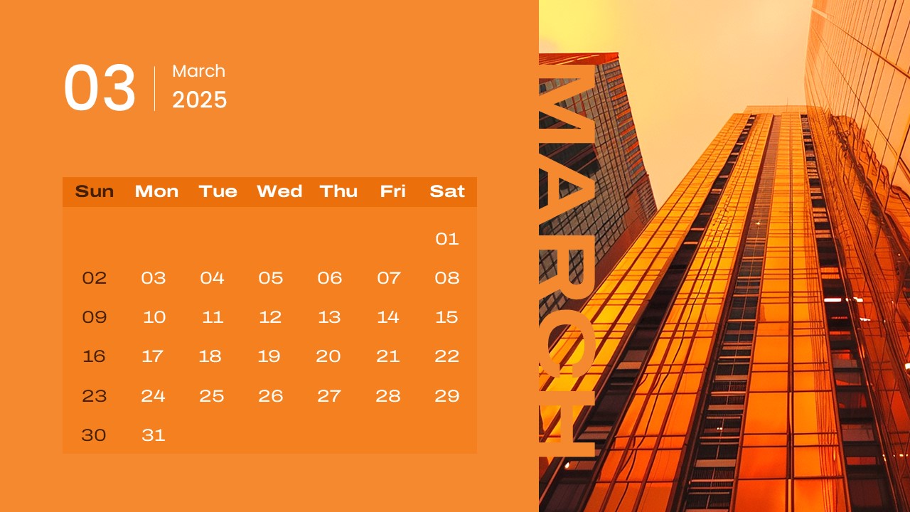 2025 Calendar PowerPoint Template March Slide