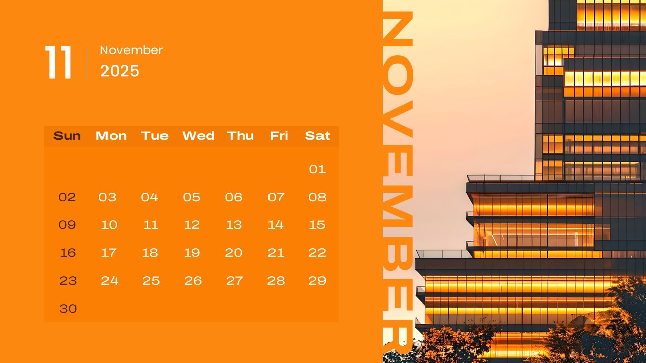 2025 Calendar PowerPoint Template November Slide